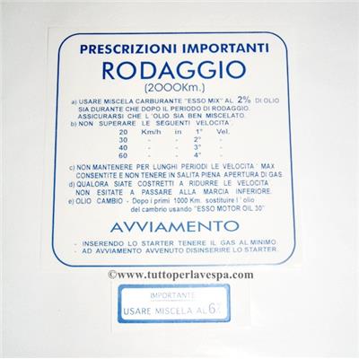 Autocollant rodage vespa 4 vitesses bleu